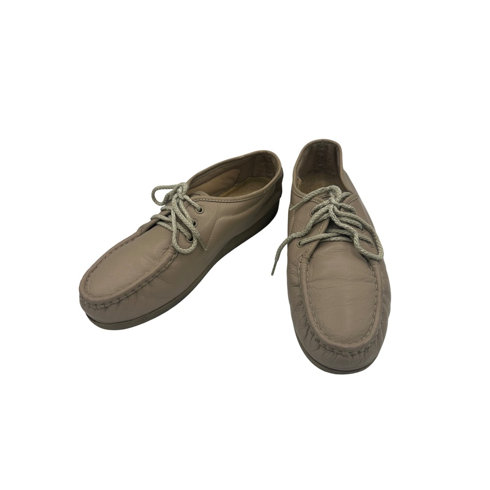 Cobbie Cuddlers Leather Moccasin Loafers Womens 10W Taupe Good Lace Up Comfort